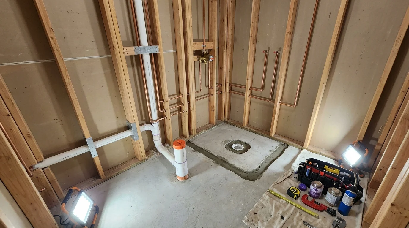 Bathroom rough-in plumbing during remodel by Johns Plumbing LLC in Council