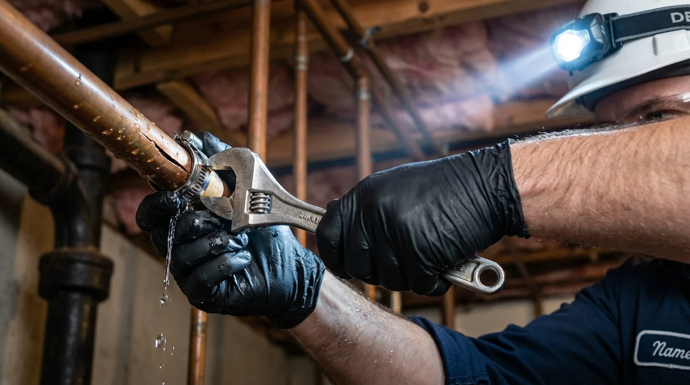 Emergency pipe clamp repair being performed by a Johns Plumbing LLC plumber in Council