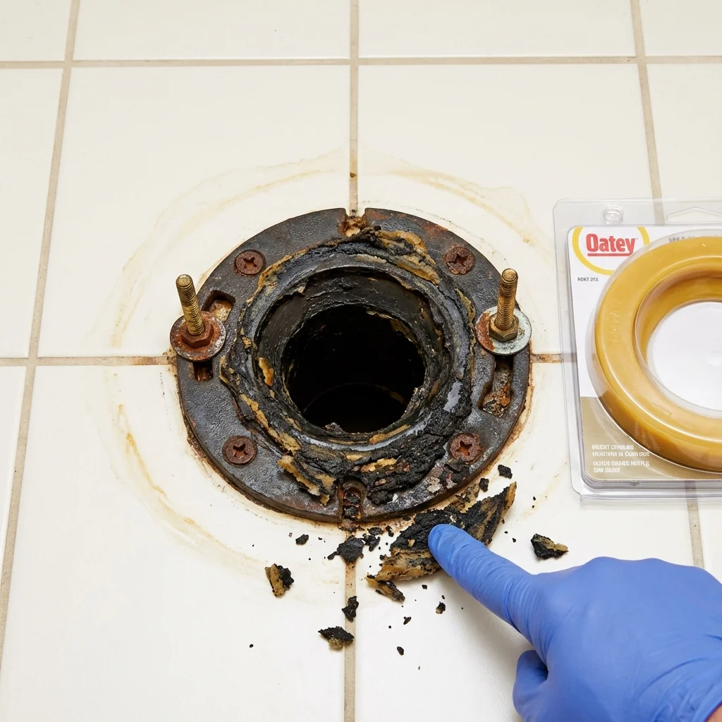 Failed wax ring showing water seepage at the base of a toilet in a Council, ID home