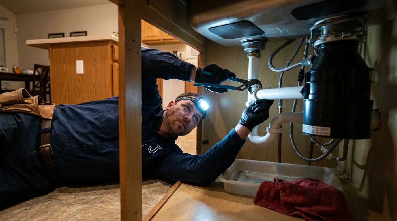 P-trap and supply line connections under a kitchen sink showing a common leak point in Council, ID